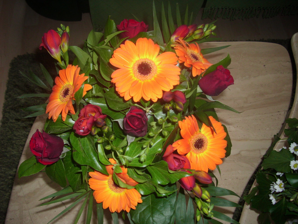 Runder Strauss mit orangen Gerberas,rote Rosen, rote Fresien ,Efeu und Grün